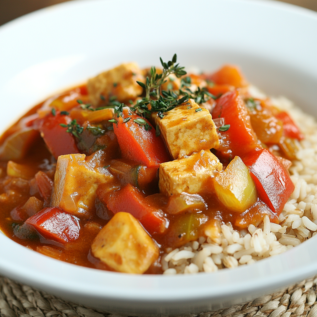 Curry de Verduras de Temporada con Tofu o Tempeh y Arroz Integral