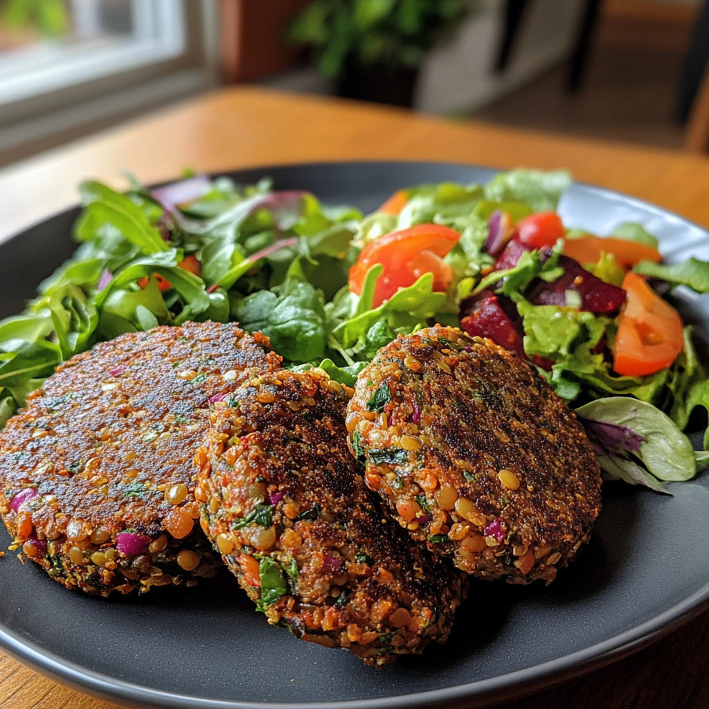 Hamburguesas Vegetarianas Caseras de Lentejas y Remolacha con Ensalada
