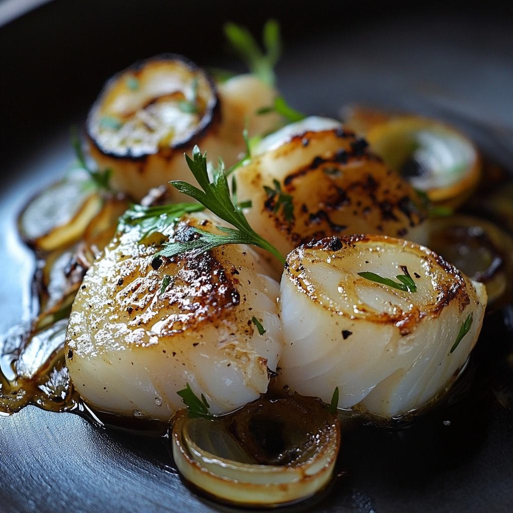 Carrilleras de bacalao en escabeche con cebolla a la parrilla