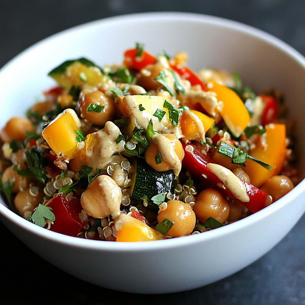 Ensalada de Quinoa con Garbanzos, Verduras de Temporada y Vinagreta de Tahini
