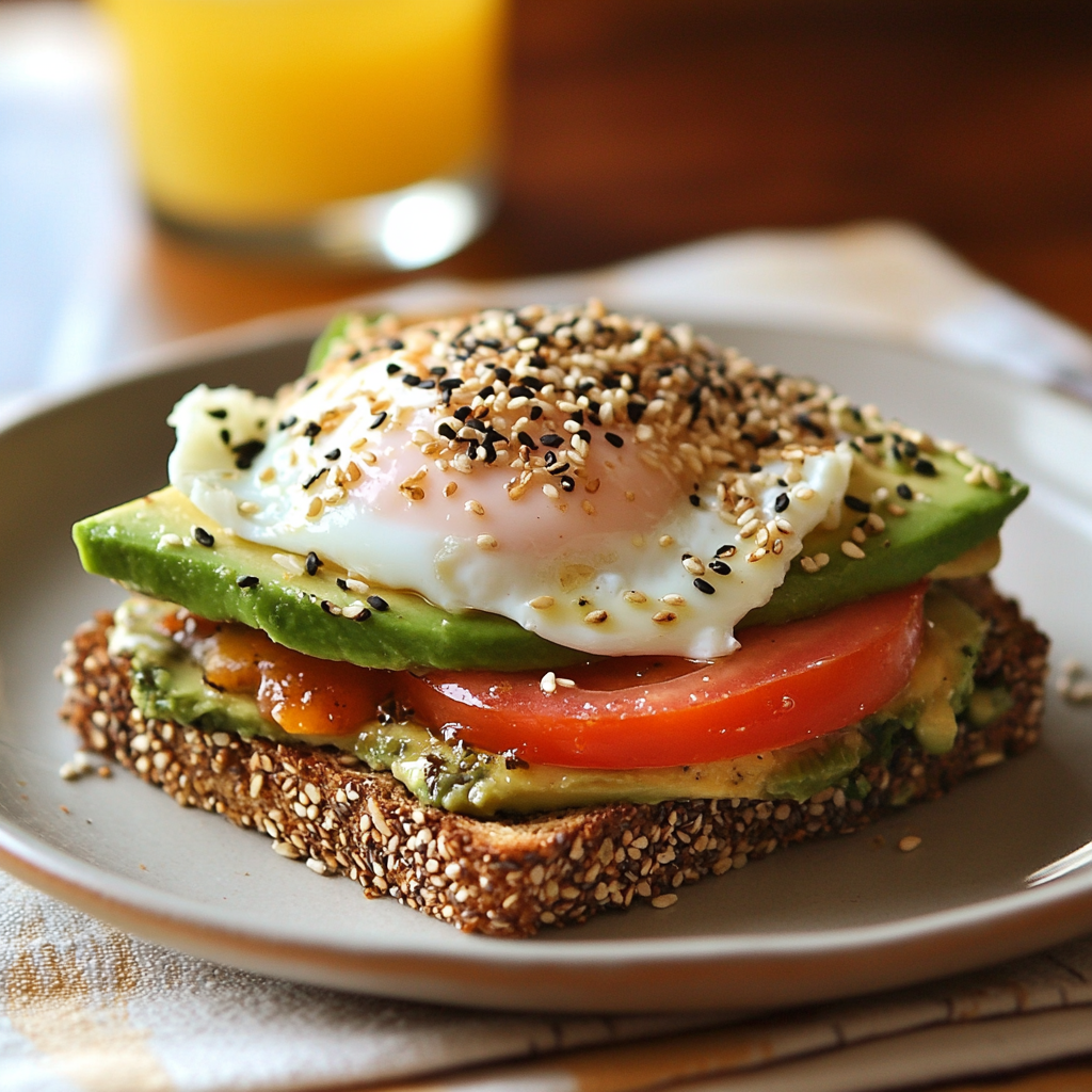 Tostadas Integrales con Aguacate, Huevo Pochado y Sésamo Tostado